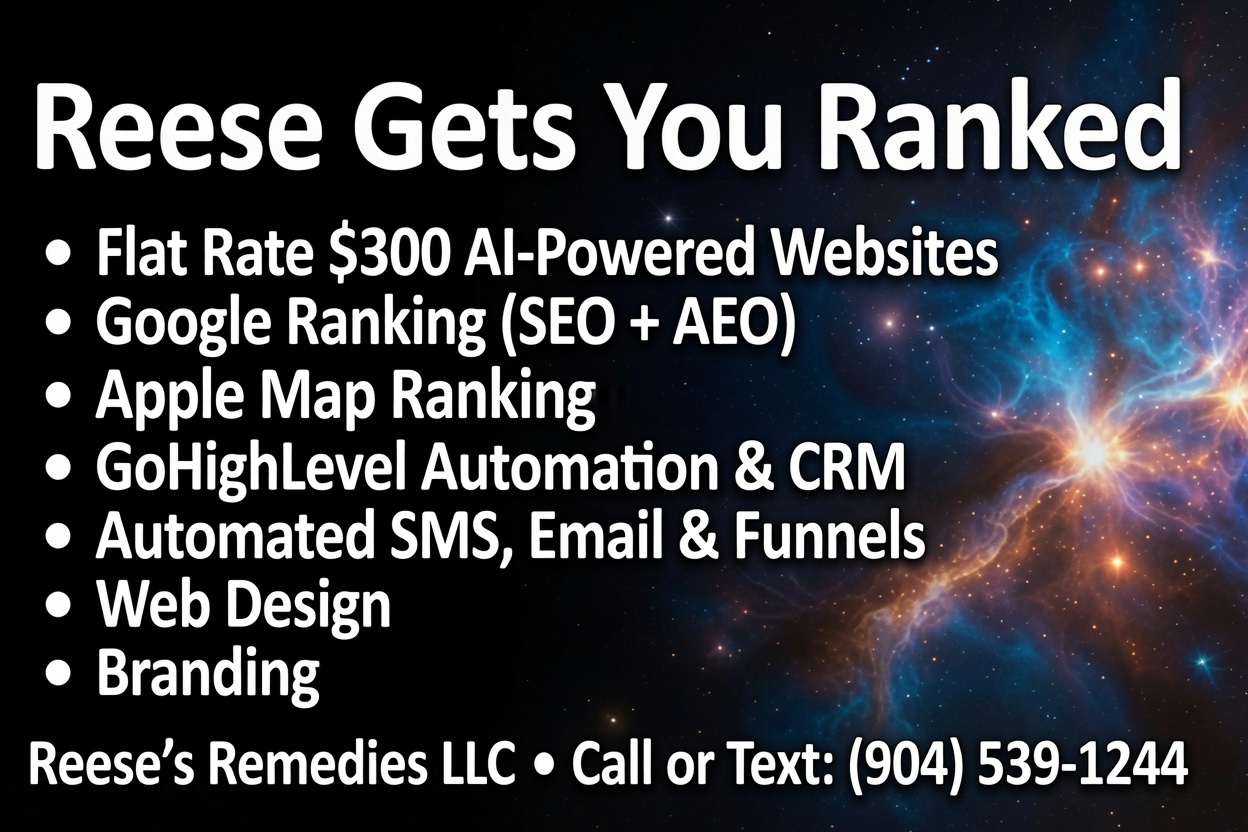 Reese Gets You Ranked business card — $400 AI-powered websites, Google + Apple Maps ranking, Reese's Remedies LLC (904) 539-1244